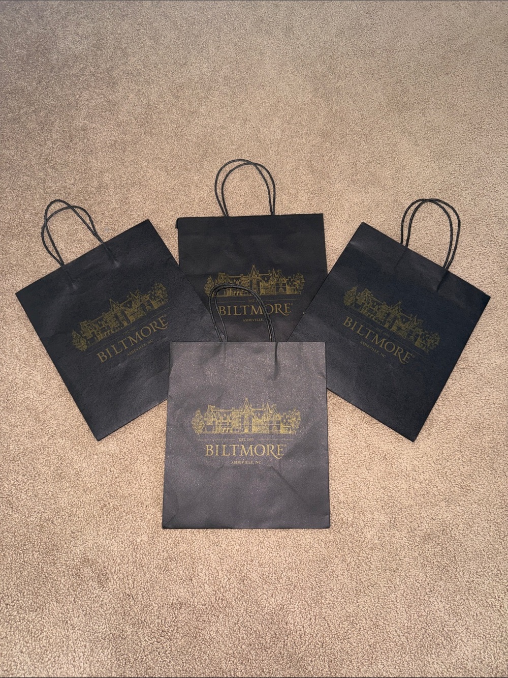 Biltmore - Asheville, NC Black Paper Gift Bags with Gold Logo - Set of 4